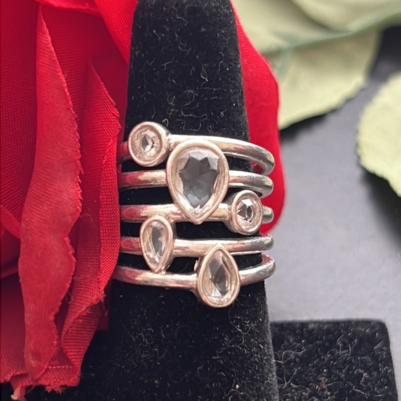 Pretty Silver Tone Multi Band Ring With Different Shape Clear Stones. - Picture 2 of 4